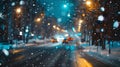 Generative AI Blurred background City view lights falling snow night street bokeh spots of headlights of moving ca Royalty Free Stock Photo