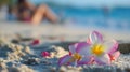 Generative AI Blurred background image with a blooming tropical flowers line of sea surf and and people sitting on Royalty Free Stock Photo