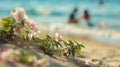 Generative AI Blurred background image with a blooming tropical flowers line of sea surf and and people sitting on Royalty Free Stock Photo