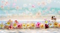Generative AI Blurred background image with a blooming tropical flowers line of sea surf and and people sitting on Royalty Free Stock Photo