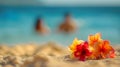 Generative AI Blurred background image with a blooming tropical flowers line of sea surf and and people sitting on Royalty Free Stock Photo