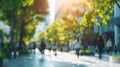 Generative AI BLURRED CITY STREET WITH GREEN TREES AND PEOPLE WALKING MODERN URBAN BACKGROUND DEFOCUSED CITYSCAPE Royalty Free Stock Photo