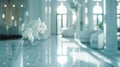 Generative AI Blurred hotel or office building lobby blur background interior view toward reception hall modern lu Royalty Free Stock Photo