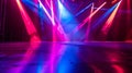 Generative AI blurred rays of light on disco floor orange violet blue neon searchlight lights laser lines and ligh Royalty Free Stock Photo