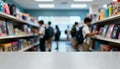 Generative AI Blurred School Library Scene with Students Browsing Shelves in Background Selective Focus on Counter Royalty Free Stock Photo