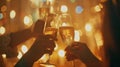 Generative AI Blurred view of happy friends clinking glasses of sparkling wine at birthday party indoors business Royalty Free Stock Photo