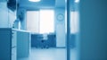 Generative AI BLURRED WINDOW IN MODERN BLUE OFFICE MEDICAL ROOM BACKGROUND business concept. Royalty Free Stock Photo