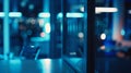 Generative AI Blurring the Background in a Modern Office Interior night light effect business concept. Royalty Free Stock Photo