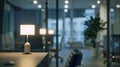 Generative AI Blurring the Background in a Modern Office Interior night light effect business concept. Royalty Free Stock Photo
