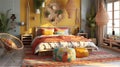 Generative AI, Bohemian Dream: A Colorful and Eclectic Bedroom Design Royalty Free Stock Photo