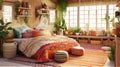 Generative AI, Bohemian Dream: A Colorful and Eclectic Bedroom Design Royalty Free Stock Photo