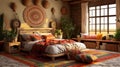 Generative AI, Bohemian Dream: A Colorful and Eclectic Bedroom Design Royalty Free Stock Photo