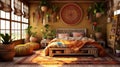 Generative AI, Bohemian Dream: A Colorful and Eclectic Bedroom Design Royalty Free Stock Photo