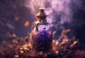 Generative AI, A bottle of essential oil with fresh lavender twigs withh smoke on dark background