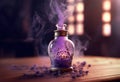 Generative AI, A bottle of essential oil with fresh lavender twigs withh smoke on dark background