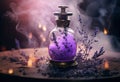 Generative AI, A bottle of essential oil with fresh lavender twigs withh smoke on dark background