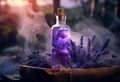 Generative AI, A bottle of essential oil with fresh lavender twigs withh smoke on dark background