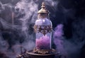 Generative AI, A bottle of essential oil with fresh lavender twigs withh smoke on dark background