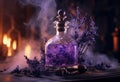 Generative AI, A bottle of essential oil with fresh lavender twigs withh smoke on dark background