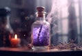 Generative AI, A bottle of essential oil with fresh lavender twigs withh smoke on dark background