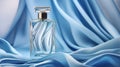 Generative AI, Bottle of perfume on a blue silk background.