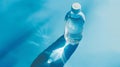 Generative AI Bottled water A bottle of mineral water with hard shadows on blue background Flat lay Top view Copy