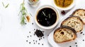 Generative AI Bowl of balsamic vinegar with oil bread and spices on white table flat lay business concept.