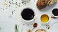 Generative AI Bowl of balsamic vinegar with oil bread and spices on white table flat lay business concept.