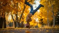 Generative AI Boy doing a cartwheel in a park with autumn colours st albert alberta canada business concept.