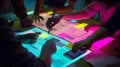 Generative AI Brainstorm planing creative teamwork Close up of hands mobile phone app developer team meeting abou