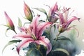 Generative AI. A branch close-up of a pink Lilies flowers. Watercolor painting illustration, isolated on white background Royalty Free Stock Photo