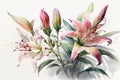 Generative AI. A branch close-up of pink Lilly flowers. Watercolor painting illustration, isolated on white background