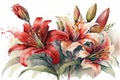 Generative AI. A branch close-up of a red Lilies flowers. Watercolor painting illustration, isolated on white background Royalty Free Stock Photo