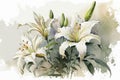 Generative AI. A branch close-up of a white Lilies flowers. Watercolor painting illustration, isolated on white background Royalty Free Stock Photo