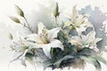 Generative AI. A branch close-up of white Lilly flowers. Watercolor painting illustration, isolated on white background