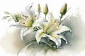 Generative AI. A branch close-up of white Lilly flowers. Watercolor painting illustration, isolated on white background Royalty Free Stock Photo