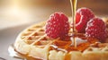 Generative AI Breakfast Belgian waffles with maple syrup and fresh raspberry Grey background business concept. Royalty Free Stock Photo