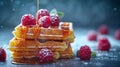 Generative AI Breakfast Belgian waffles with maple syrup and fresh raspberry Grey background business concept. Royalty Free Stock Photo