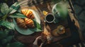 Generative AI Breakfast with croissants leaves cutting board and black coffee composition with girl hand on wooden