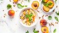 Generative AI Breakfast with muesli peach salad fresh peaches on white background Healthy food concept Flat lay to Royalty Free Stock Photo