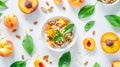 Generative AI Breakfast with muesli peach salad fresh peaches on white background Healthy food concept Flat lay to Royalty Free Stock Photo