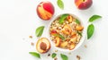 Generative AI Breakfast with muesli peach salad fresh peaches on white background Healthy food concept Flat lay to Royalty Free Stock Photo