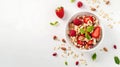 Generative AI Breakfast with muesli strawberry salad fresh fruit nuts on white background Healthy food concept Fla Royalty Free Stock Photo