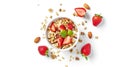 Generative AI Breakfast with muesli strawberry salad fresh fruit nuts on white background Healthy food concept Fla Royalty Free Stock Photo