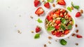 Generative AI Breakfast with muesli strawberry salad fresh fruit nuts on white background Healthy food concept Fla Royalty Free Stock Photo