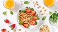 Generative AI Breakfast with muesli strawberry salad fresh fruit orange juice nuts on white background Healthy foo Royalty Free Stock Photo