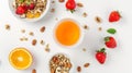 Generative AI Breakfast with muesli strawberry salad fresh fruit orange juice nuts on white background Healthy foo Royalty Free Stock Photo