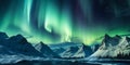 Breathtaking Aurora Borealis Display Over Snow Covered Mountains in a Pristine Arctic Wilderness Under a Starry Sky