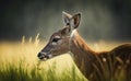A key deer eating grass from side view, blurred green yellow grass background in morning generative AI