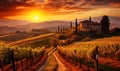 Breathtaking Sunset Over Lush Tuscan Vineyards with Rolling Hills, Historic Italian Architecture and Vibrant Autumn Foliage Royalty Free Stock Photo